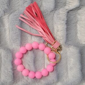 Pink Beaded Keychain Bracelet with Tassel